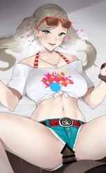 1boy 1girls ann_takamaki bar_censor blonde_hair blue_eyes blush censored clothed_sex clothing_aside commission cutoffs dark-skinned_male dark_skin earrings erection eyewear_on_head female halter_top halterneck heart heart-shaped_pupils heart_earrings hi_res holding_hands interlocked_fingers interracial jewelry long_hair looking_at_viewer lying male_pubic_hair midriff missionary motion_lines navel on_back penis persona persona_5 persona_5_scramble:_the_phantom_strikers pixiv_request pubic_hair red-framed_eyewear revision rinrin_(user_tvcf4347) sex shirt short_shorts short_sleeves shorts shorts_aside solo_focus spread_legs straight sunglasses sweat symbol-shaped_pupils tied_shirt twintails upshorts white_shirt