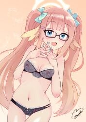 blue_archive blue_eyes bra breasts female fingernails glasses hair_between_eyes hair_ornament halo highres library_committee_(blue_archive) looking_at_viewer milkmochi navel open_mouth orange_background orange_hair shimiko_(blue_archive) signature simple_background small_breasts solo trinity_general_school_student twintails underwear