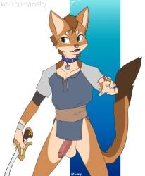 alternate_version_available anthro anthrofied bottomless clothed clothing collar domestic_cat felid feline felis firestar_(warriors) genitals half-erect hi_res ko-fi mafty_(artist) male mammal melee_weapon partially_clothed penis solo sword warriors_(cats) weapon