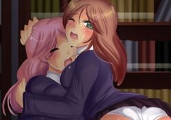 1futa 1girls ass breast_press breast_squish breasts brown_hair female fumiko_fujimoto_(plum_tea) futa_on_female futanari game_cg green_eyes hand_on_head hugging panties pink_hair plum_(plum_tea) plum_tea saintxtail school_uniform schoolgirl sex skirt skirt_up underwear upskirt yuri