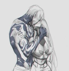 female kissing league_of_legends piscina_(artist) syndra tattoo white_hair zed