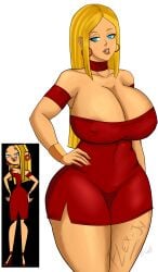 2d big_ass big_butt blaineley_(tdi) blonde blonde_hair blue_eyes breasts choker cleavage color colored drawing dressed flex-jv fully_clothed high_heels hoop_earrings hoop_ring hoop_rings huge_breasts long_hair nipple_bulge red_dress reference_image signature straight_hair thick_ass thick_legs thick_thighs tight_clothing total_drama_island white_background