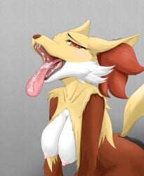 2022 absurd_res alternate_version_at_source anthro areola big_breasts black_body black_fur blush bodily_fluids breasts brown_body brown_fur brown_nose canid canine cheek_tuft cum cum_on_tongue delphox facial_tuft fangs female fur genital_fluids grey_background hi_res huge_breasts inner_ear_fluff kemono looking_at_viewer mammal multicolored_body multicolored_fur nintendo nipples open_mouth pokémon_(species) pokemon red_body red_eyes red_fur saliva sharp_teeth simple_background solo teeth tongue tongue_out tuberosekotoki tuft video_games white_body white_fur yellow_body yellow_fur