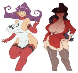 2girls areola_slip black_hair blue_eyes cleavage curvaceous dress duo earrings faceless faceless_female female garter_straps gloves huge_breasts human jacket light-skinned_female light_skin lipstick long_hair madame_boss mature mature_woman mewtwo_no_tanjou milf miyamoto_(pokemon) mother nintendo no_bra no_panties pelvic_curtain pink_hair pokemon pokemon_rgby shaded_face side_slit sideboob skindentation skirt slb source_request standing standing_on_one_leg suit team_rocket thick_thighs thighhighs white_background wide_hips zettai_ryouiki