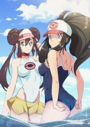 2girls ass blue_eyes breasts brown_hair cap delux double_bun female female_only hat hilda_(pokemon) long_hair nintendo pokemon pokemon_bw pokemon_bw2 rosa_(pokemon) swimsuit thighs