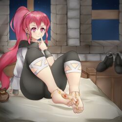 1girls anna_(fire_emblem) anna_(fire_emblem:_three_houses) ass bare_shoulders barefoot byleth_(fire_emblem) byleth_(fire_emblem)_(male) ethan_ppj_(artist) feet female_only finger_to_face fire_emblem fire_emblem:_three_houses foot_fetish footjob indoors long_hair night nintendo on_bed pink_eyes pink_hair ponytail shoes smile solo very_long_hair