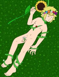 1boy basil_(omori) blonde_hair closed_eyes crying exalteduriel flower_crown flower_in_hair male male_only naked omori penis small_penis sunflower vines