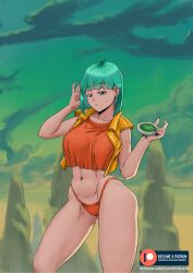 1girls adjusting_hair bangs blue_eyes blue_hair bulma_briefs bulma_briefs_(androids'_saga) clothed crop_top dragon_ball dragon_ball_z dragon_radar earrings female female_only green_sky half-closed_eyes jacket juiceofyellow large_breasts navel open_mouth outside panties shoulder_length_hair skimpy sleepy solo