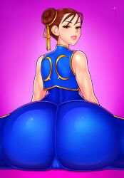 1girls asian ass ass_focus back_view big_ass brown_hair cameltoe capcom chun-li double_bun eye_contact female female_only hair_ribbon huge_ass large_ass lipstick loodncrood looking_at_viewer looking_back mature_female milf pussy short_hair sitting solo spread_legs street_fighter street_fighter_alpha tight_clothing