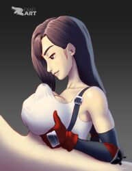 between_breasts black_eyes black_hair breast_grab breasts clothed_female_nude_male clothed_paizuri exael final_fantasy final_fantasy_vii gloves looking_down paizuri paizuri_under_clothes penis precum_through_clothing tagme tifa_lockhart