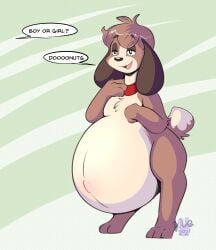 2021 absurd_res animal_crossing anthro belly belly_overhang big_belly canid canine canis collar digby_(animal_crossing) digital_drawing_(artwork) digital_media_(artwork) domestic_dog english_text full_belly fur hi_res hyper male mammal maynara nintendo nude proud simple_background solo speech_bubble stuffed_belly stuffing text video_games