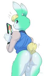 2021 animal_crossing anthro anus ass big_butt bottomless clothed clothing conditional_dnp digital_media_(artwork) genitals girly kippy lagomorph leporid looking_at_viewer male male_only mammal mint_fur nintendo penis phone rabbit sasha_(animal_crossing) simple_background solo video_games