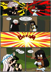 2girls black_cloak black_hair black_one-piece_swimsuit black_thighhighs blue_eyes bright_darkness chocolate_and_vanilla cloak clothed clothed_female collar comic comic_page command_spell dark-skinned_female dark_skin demonic dialogue discharge electricity enchantment evil_eyes evil_face evil_grin evil_smile explosion fangs halo holy light-skinned_female lightning long_hair magic multiple_girls outdoors overload pale-skinned_female priestess red_eyes shoulder_pads sparks speech_bubble stomach_tattoo text torn_clothes white_coat white_dress white_hair witch witchcraft xierra099