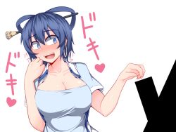 1boy :d bangs bar_censor blue_dress blue_eyes blue_hair blush breasts censored cleavage collarbone dress earrings erection eyebrows_visible_through_hair female full-face_blush hair_between_eyes hair_ornament hair_rings hair_stick hand_up hoop_earrings jewelry kuroba_rapid large_breasts open_clothes open_mouth open_vest sanpaku seiga_kaku short_sleeves simple_background smile solo_focus sweat teeth touhou upper_body upper_teeth vest white_background white_vest wing_collar