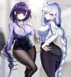 2022 2girls adamant369 arched_back bangs beauty_mark big_ass black_leggings black_legwear black_skirt blue_eyes blurry_background blush braid braided_hair breasts business_woman choker clothed_female desk detailed_background earrings female female_only genshin_impact hair_ornament hair_over_one_eye hairband hanasaka_houcha highres hips huge_ass huge_breasts huge_butt indoors lanyard large_ass large_breasts leggings long_hair long_legs looking_at_viewer looking_back mole_under_eye name_tag office office_lady pantyhose purple_eyes purple_hair purple_shirt raiden_shogun sheer_legwear shenhe_(genshin_impact) shirt short_skirt skirt skirt_lift skirt_pull skirt_up slim_waist small_waist smile solo thick thick_ass thick_thighs thighs tight_clothing very_long_hair waist white_hair white_shirt wide_hips