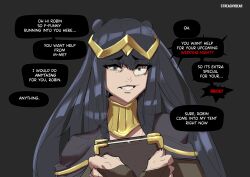 black_hair bodystocking collar crazy_eyes crown different_size_pupils english_text fire_emblem fire_emblem_awakening forced_smile holding_book long_hair nintendo obsessed one_eye_wide_open red_text robin_(fire_emblem) robin_(fire_emblem)_(male) simple_background speech_bubble streachybear suspicious text text_bubble tharja_(fire_emblem) wedding yandere