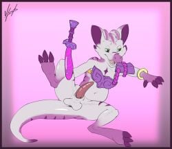 anthro anus clothing costume genitals gunfire_reborn hi_res kobold male masturbator melee_weapon penis pose solo spread_legs spreading sword tao_(gunfire_reborn) uriel2sb weapon