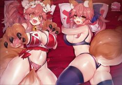 2girls ass bed big_ass big_breasts big_butt bra collar curvy cute_fang fate/extra fate/grand_order fate_(series) female fox_ears fox_girl fox_tail heart huge_breasts kemonomimi laying_down laying_on_bed lingerie looking_at_viewer midriff open_mouth osiimi panties paw_gloves pink_hair tamamo_cat tamamo_no_mae_(fate) thick_thighs thighhighs underwear yellow_eyes