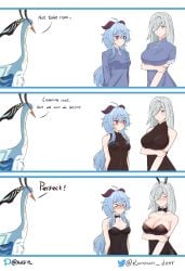 2021 3girls 3koma absurd_res ahoge animal_ears arfyl arms_behind_back artist_name bare_arms bare_shoulders bird black_bodysuit black_leotard blue_dress blue_eyes blue_hair blush bodysuit bow bowtie breast_hold breasts bunny_ears bunny_girl bunnysuit chinese_clothes cleavage closed_eyes comic covered_navel crane_(bird) cute detached_collar dress embarrassed english_text expressionless fake_animal_ears female female_only female_pervert ganyu_(genshin_impact) genshin_impact goat_horns hair_over_one_eye highres horns large_breasts leotard looking_at_another medium_breasts multiple_girls pantyhose purple_eyes shenhe_(genshin_impact) signature silver_hair sleeveless standing strapless strapless_leotard text tight_clothing twitter_username wide_hips xianyun_(genshin_impact)