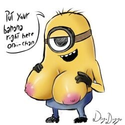 big_breasts breasts clothed clothing despicable_me drogodoggo english_text female hi_res humanoid illumination_entertainment minion minions_(film) mtf_crossgender mtf_transformation nipples solo text yellow_body yellow_skin