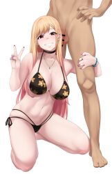 1boy 1girls balls big_breasts bikini blonde_hair blush breasts censor_bar censored choker eye_contact female fringe gyaru imminent_oral kitagawa_marin kneeling long_fingernails long_hair looking_at_viewer necklace oral peace_sign penis petite pink_eyes red_hair smile sockinajar sono_bisque_doll_wa_koi_wo_suru standing testicles thighs two_tone_hair v