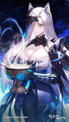 animal_ears card cleavage epic7 female hair_ornament hair_over_one_eye huge_breasts large_breasts long_hair looking_at_viewer peira_(epic7) video_games white_hair wolf_ears wolf_girl wolf_tail