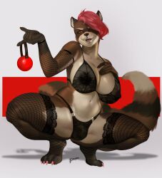 absurd_res anthro ball_gag big_breasts bra breasts bremonqueen cleavage clothed clothing crouching futanari gag gynomorph hair hair_over_eye hi_res intersex mammal one_eye_obstructed panties procyonid raccoon solo underwear