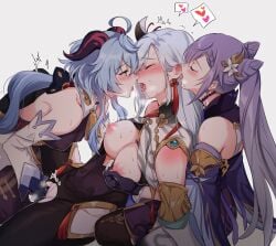 3girls after_kiss ahoge bell blue_hair blush breast_curtain breasts breath closed_eyes commentary cowbell detached_sleeves ear_blush eyebrows_visible_through_hair fff_threesome fingering ganyu_(genshin_impact) genshin_impact goat_horns grey_background group_sex hair_cones hair_ornament heavy_breathing horns keqing_(genshin_impact) large_breasts licking licking_ear long_hair looking_at_another multiple_girls negom nipple_tweak nipples open_mouth pussy_juice saliva saliva_trail shenhe_(genshin_impact) shoulder_blush simple_background sweat threesome tongue tongue_out twintails uncensored yuri