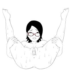 black_hair boruto:_naruto_next_generations breasts female female_only gaping gaping_pussy glasses legs_up long_hair lying_on_back maaji_merge moaning monochrome naked naruto naruto_(series) petite rolling_eyes sarada_uchiha solo solo_focus sweat