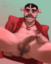 1boy anthro anus ass balls benzino_gassolini black_hair blazer body_hair butt_hair cleft_chin disney domestic_pig ducktales facial_hair foreskin foreskin_play foreskin_pull foreskin_stretching genitals hair hairy_balls hi_res highlights_(coloring) italian jewelry male mammal medallion moustache muscular_male necklace nipple_slip penis pig_ears pig_snout pink_body playboy presenting presenting_anus red_blazer rov smile smiling_at_viewer snout solo solo_focus solo_male spread_anus spread_butt spreading stereotype suid suina sus_(pig) white_highlights