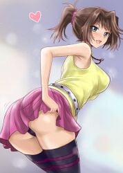 anzu_mazaki black_legwear black_panties black_stockings blue_eyes blush brown_hair female happy large_breasts mazaki_anzu medium_hair miniskirt necklace open_mouth panties ponytail purple_skirt r-binon skirt tea_gardner uncensored underwear yu-gi-oh! yu-gi-oh!_duel_monsters yu-gi-oh!_the_dark_side_of_dimensions