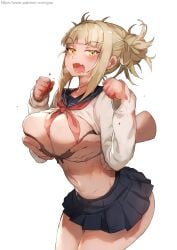 1boy 1girls big_breasts black_bra blonde_hair blood blush bra disembodied_hand double_bun fangs gao-lukchup gaolukchup groping groping_breasts himiko_toga looking_at_viewer miniskirt my_hero_academia sailor_collar school_uniform schoolgirl simple_background skirt yellow_eyes