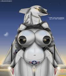 1girls a_drunk_dragon aeromorph aircraft anthro bbw big_belly big_breasts female female_only grin huge_breasts living_aircraft living_machine looking_at_viewer orange_eyes original pandora_kennedy presenting slightly_chubby solo text thick_thighs voluptuous wide_hips xb-70_valkyrie