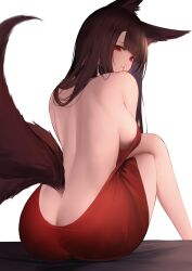 1girls akagi_(azur_lane) akagi_(ruby-laced_beauty)_(azur_lane) alternate_costume an_yasuri animal_ears ass azur_lane bare_shoulders female female_only finger_on_mouth fox_ears fox_girl fox_tails kitsune light-skinned_female light_skin looking_at_viewer multiple_tails no_bra official_alternate_costume sakura_empire_(azur_lane) shh sideboob simple_background solo tail