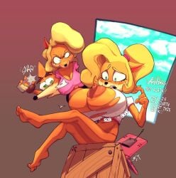 1boy 2girls anthro bandicoot barefoot breast_envy breasts coco_bandicoot computer crash_(series) crash_bandicoot crate electronics feet fur furry huge_breasts hyper_bimbo laptop marsupial nipples sixsidesofmyhead tawna_bandicoot top_heavy torn_clothes voluptuous