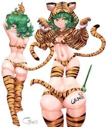 1girls absurdres animal_ears animal_hood animal_print arms_up ass ass_cleavage ass_visible_through_thighs back bare_shoulders bell bikini body_writing breasts butt_crack cjhomics claws cleavage elbow_gloves fake_animal_ears fake_tail female gloves green_eyes heart heart_tail highres jingle_bell long_hair multiple_views navel one-punch_man simple_background smile solo swimsuit tail tatsumaki thighhighs tiger_ears tiger_print tiger_tail white_background year_of_the_tiger