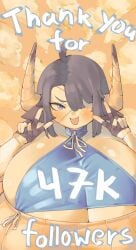 black_hair blue_eyes breasts celebration cow_girl cow_horns follower_celebration huge_breasts lilith_(pincerpencil) milestone_celebration pincerpencil short_hair thank_you