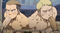 4boys attack_on_titan blonde_hair blowjob brown brown_hair burankoprn colt_grice english_text eyes gay hands_behind_back male male_only marleyan_and_eldian oral penis porco_galliard reiner_braun suck_him_dry text theo_magath uncircumcised uncut yellow_hair
