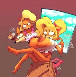 1boy 2girls anthro bandicoot blush breast_envy breasts coco_bandicoot computer crash_(series) crash_bandicoot electronics fur furry huge_breasts hyper_bimbo laptop marsupial nipples sixsidesofmyhead straight tawna_bandicoot top_heavy torn_clothes voluptuous