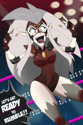 1girls adapted_costume big_hair devil_horns_(gesture) eda_clawthorne female female_only fingerless_gloves gold_tooth great_dude grey_hair leotard mask open_mouth smooth_skin solo standing the_owl_house thighhighs wrestling_outfit wrestling_ring