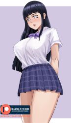 1girls alternate_version_available arms_behind_back asian blue_hair blunt_bangs blush breasts clothed cute female female_only hands_behind_back hime_cut hyuuga_hinata juiceofyellow large_breasts long_hair looking_at_viewer naruto naruto_(series) naruto_shippuden open_mouth petite plaid_skirt purple_background purple_eyes school_uniform schoolgirl shirt sidelocks skirt solo teenager text thick_thighs url web_address wide_hips