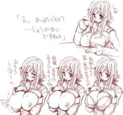 1girls blush breasts female female_focus gundam gundam_side_story:_from_place_beyond_the_blaze hirowa_nagi huge_breasts human japanese_text large_breasts long_hair military_uniform miyu_takisawa monochrome nipple_tweak nipples parted_lips sketch smile text uniform