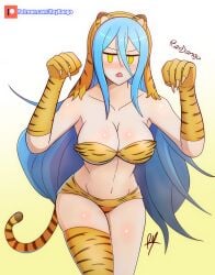 1girls alternate_costume angry asymmetrical_clothes asymmetrical_legwear azura_(fire_emblem) bare_legs bare_shoulders bare_thighs blue_hair bra cleavage female_only fire_emblem fire_emblem_fates hair_between_eyes large_breasts looking_at_viewer nintendo panties raydango thighhighs thighs tiger_print very_long_hair year_of_the_tiger yellow_eyes yellow_panties