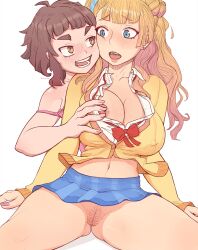 2girls big_breasts blonde_hair breast_grab breasts brown_hair female female_only galko gyaru litsilium multiple_girls no_underwear oshiete!_galko-chan otako_(galko) pussy short_hair skirt spread_legs thick_thighs thighs twintails uncensored yuri