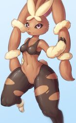 absurd_res anthro breasts brown_body female female_focus female_only fur furry furry_only genitals healingpit hi_res lagomorph looking_at_viewer lopunny mammal mega_evolution mega_lopunny mostly_nude nintendo pokémon_(species) pokemon pokemon_(species) pussy rabbit smile solo solo_female solo_focus tail thick_thighs topwear video_games