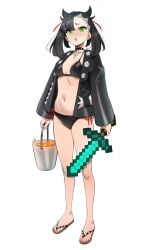 1girls asymmetrical_hair bare_legs bikini black_bikini black_hair black_swimsuit breasts_apart choker crossover female flip_flops full_body green_eyes jacket kiritzugu light-skinned_female light_skin marnie_(pokemon) midriff minecraft nail_polish nintendo pink_nails pokemon pokemon_ss sandals side-tie_bikini small_breasts solo stomach string_bikini swimsuit sword toes twintails