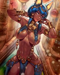 bicep_bracelet blue_clothing blue_hair bracelet breast_curtains brown_skin cat_ears cat_girl catgirl egyptian_clothes gold_clothing gold_eyes hair_ornament tagme tagme_(artist)