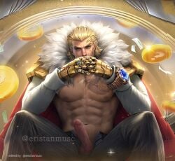 1boy big_penis blue_eyes dick male male_only mobile_legends mobile_legends:_bang_bang muscles muscular muscular_male older_male partially_clothed rich sitting solo sugar_daddy tigreal_(mobile_legends) yaoi yellow_hair