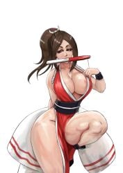 1girls areola_slip areolae bare_thighs breasts brown_hair cleavage dress eyeshadow fan fatal_fury female female_only juiceofyellow king_of_fighters large_breasts looking_away mai_shiranui object_in_mouth one_leg_up ponytail skimpy solo thick_thighs thunder_thighs white_background