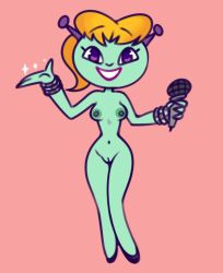 animal_humanoid antennae_(anatomy) bangle blonde_hair chipposter clothing colored_sketch female footwear footwear_only gastropod gastropod_humanoid green_body green_nipples green_skin grin hair holding_microphone holding_object humanoid jewelry looking_at_viewer microphone mollusk mollusk_humanoid mostly_nude nipples parappa_the_rapper purple_eyes shoes shoes_only sketch slug_humanoid smile solo sony_corporation sony_interactive_entertainment teriyaki_yoko um_jammer_lammy video_games